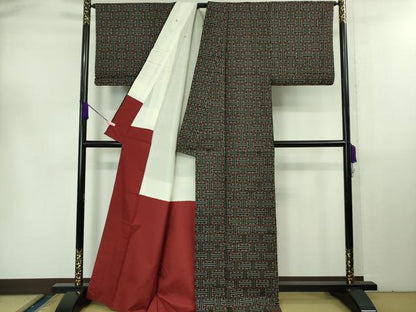 平和屋着物■希少 本場大島紬 龍郷絣 秋名バラ アンサンブル 羽織セット 逸品 DZAB0445kh5