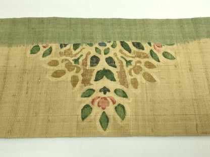 平和屋着物●極上 九寸名古屋帯 生紬 型染め 鹿花文 逸品 DZAB0454kh5