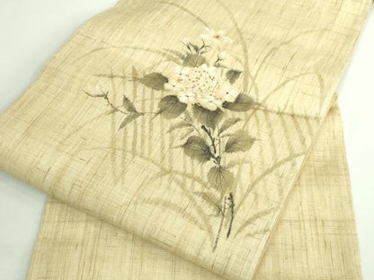 平和屋着物■極上　夏物　九寸名古屋帯　手描き　枝花文　麻　逸品　DZAB0458kh5