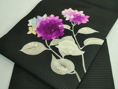 平和屋着物＊極上 夏物 絽塩瀬 九寸名古屋帯 紫陽花 黒地 逸品 DZAB0463kh5