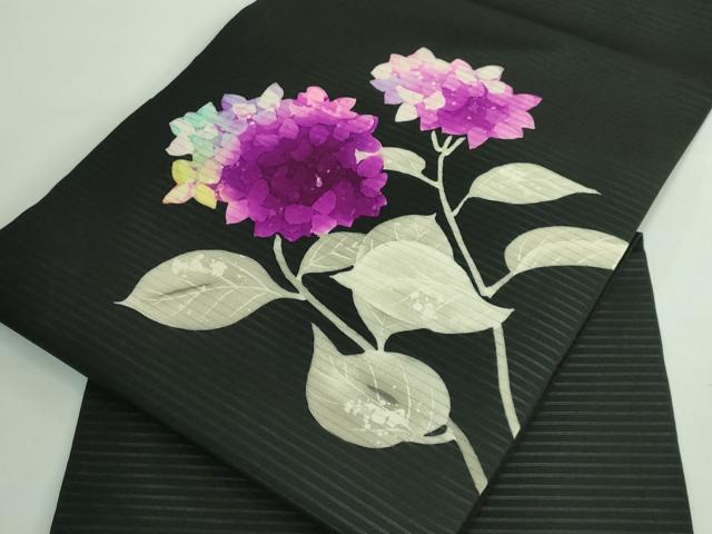 平和屋着物＊極上 夏物 絽塩瀬 九寸名古屋帯 紫陽花 黒地 逸品 DZAB0463kh5