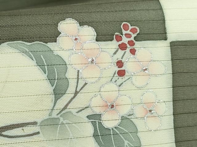 平和屋着物＊極上 夏物 絽塩瀬 九寸名古屋帯 枝花文 濃い鶸茶色地 銀彩 逸品 DZAB0469kh5