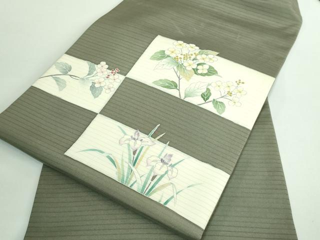 平和屋着物＊極上 夏物 絽塩瀬 九寸名古屋帯 枝花文 濃い鶸茶色地 銀彩 逸品 DZAB0469kh5