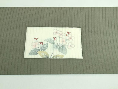 平和屋着物＊極上 夏物 絽塩瀬 九寸名古屋帯 枝花文 濃い鶸茶色地 銀彩 逸品 DZAB0469kh5