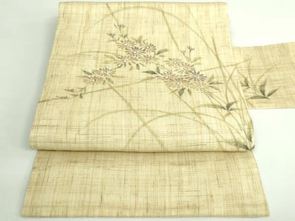 平和屋着物＊極上 夏物 九寸名古屋帯 手描き 枝花文 麻 逸品 DZAB0495kh5