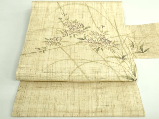平和屋着物＊極上 夏物 九寸名古屋帯 手描き 枝花文 麻 逸品 DZAB0495kh5