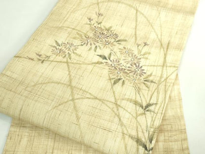 平和屋着物＊極上 夏物 九寸名古屋帯 手描き 枝花文 麻 逸品 DZAB0495kh5