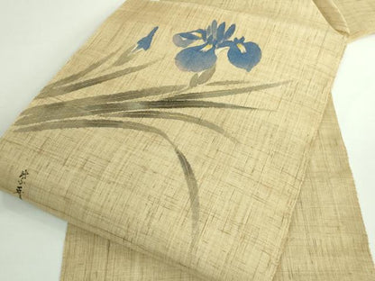 平和屋着物＊極上 夏物 染色作家 桐山紫香 手描き 九寸名古屋帯 杜若 麻 金彩 逸品 DZAB0497kh5