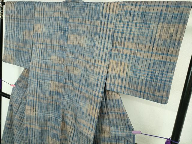 平和屋着物●極上 生紬 藍 格子 逸品 未使用 DZAB0588kh5