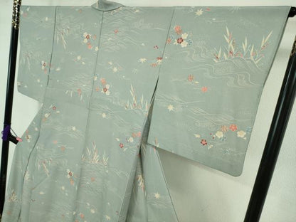 平和屋着物▽極上 洗える最高級着物 ＜英＞はなぶさ謹製 小紋 単衣 立波草花文 秘色色地 逸品 DZAB0605kh5