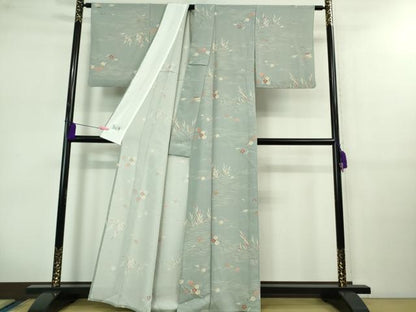 平和屋着物▽極上 洗える最高級着物 ＜英＞はなぶさ謹製 小紋 単衣 立波草花文 秘色色地 逸品 DZAB0605kh5