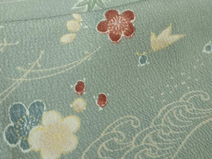 平和屋着物▽極上 洗える最高級着物 ＜英＞はなぶさ謹製 小紋 単衣 立波草花文 秘色色地 逸品 DZAB0605kh5