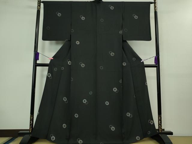 平和屋着物▽極上 飛騨印伝 小紋 単衣 雪輪重ね 黒地 反端付き 逸品 DZAB0614kh5