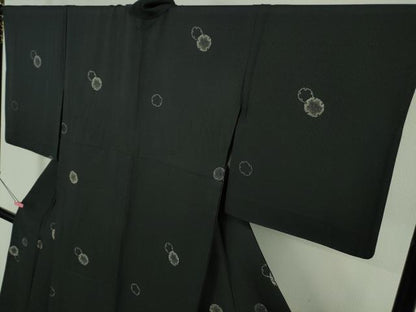 平和屋着物▽極上 飛騨印伝 小紋 単衣 雪輪重ね 黒地 反端付き 逸品 DZAB0614kh5