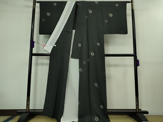 平和屋着物▽極上 飛騨印伝 小紋 単衣 雪輪重ね 黒地 反端付き 逸品 DZAB0614kh5