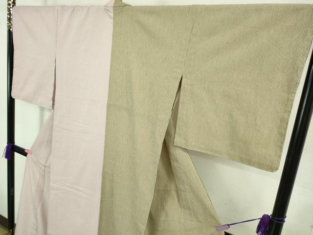平和屋着物▽極上 お召 単衣 片身替わり 縞 綿 逸品 DZAB0617kh5