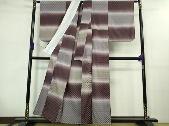 平和屋着物▽極上 小紋 単衣 市松紋紗 暈し染め 逸品 DZAB0627kh5