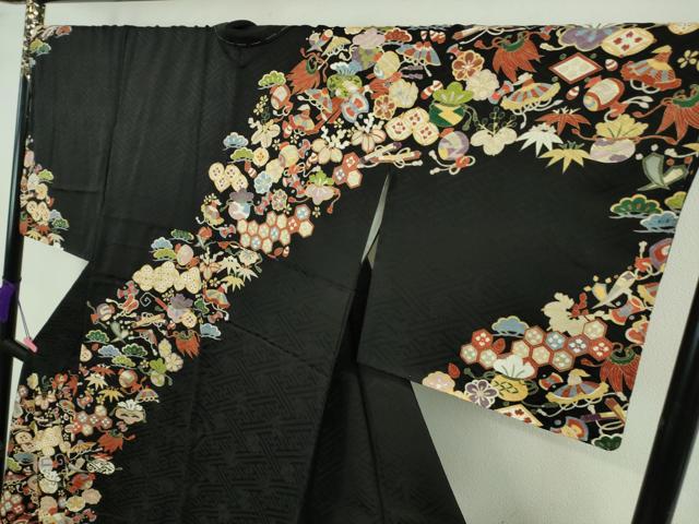 平和屋本店■極上　訪問着　駒刺繍　宝尽くし　黒地　金彩　逸品　未使用　DZAB0649kh5