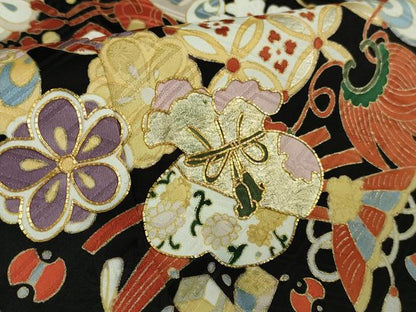 平和屋本店■極上　訪問着　駒刺繍　宝尽くし　黒地　金彩　逸品　未使用　DZAB0649kh5