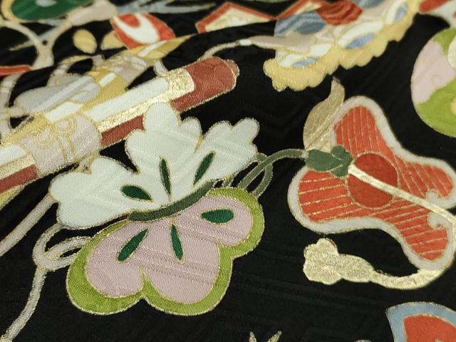 平和屋本店■極上　訪問着　駒刺繍　宝尽くし　黒地　金彩　逸品　未使用　DZAB0649kh5