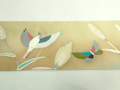 平和屋着物●極上 塩瀬 九寸名古屋帯 刺繍 花鳥文 舞蝶 金彩 逸品 DZAB0685kh5