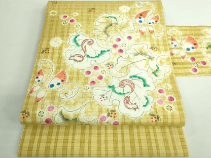 平和屋本店■希少　型絵染染色家・鈴木紀絵　九寸名古屋帯　手描き　絞り　舞花文　リス　逸品　DZAB0686kh5
