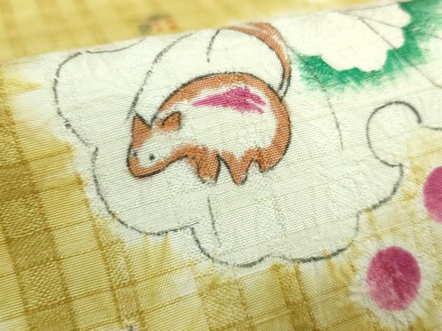 平和屋本店■希少　型絵染染色家・鈴木紀絵　九寸名古屋帯　手描き　絞り　舞花文　リス　逸品　DZAB0686kh5
