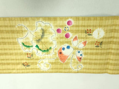 平和屋本店■希少　型絵染染色家・鈴木紀絵　九寸名古屋帯　手描き　絞り　舞花文　リス　逸品　DZAB0686kh5