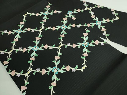 平和屋着物■極上　夏物　絽塩瀬　九寸名古屋帯　網目花文　黒地　金彩　逸品　DZAB0694kh5