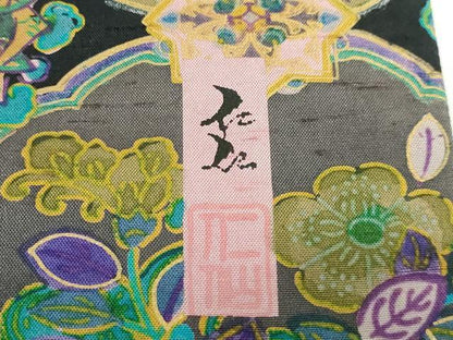平和屋本店■極上　前田仁仙 仁仙更紗 石川県指定無形文化財 牛首紬　白山工房　手織り　全通柄袋帯　更紗花鳥文　金彩　逸品　DZAB0706kh5