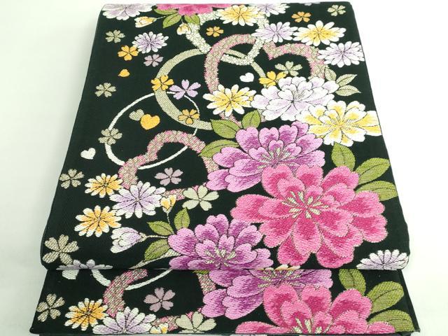 平和屋着物●極上 両面 六通柄袋帯 唐織 舞花文 黒地 金糸 逸品 DZAB0709kh5