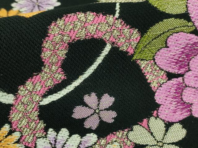 平和屋着物●極上 両面 六通柄袋帯 唐織 舞花文 黒地 金糸 逸品 DZAB0709kh5
