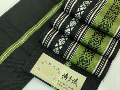 平和屋着物●極上 男性 本場筑前博多織 角帯 献上 黒地 証紙付き 逸品 DZAB0731kh5