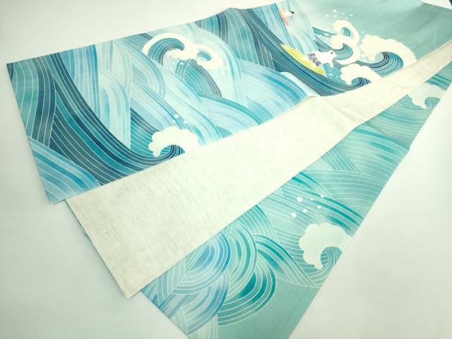 平和屋着物＊極上 夏物 太鼓柄 京袋帯 WAKKA ワッカ 白くま ペンギン サーフィン 麻 逸品 DZAB0732kh5