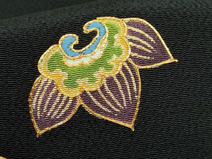 平和屋着物●極上 銀座越後屋 九寸名古屋帯 駒刺繍 宝尽くし 黒地 金糸 鬼しぼ縮緬 逸品 DZAB0746kh5