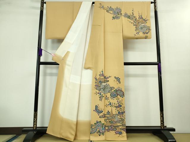 平和屋本店■最高級　城間栄順　本場琉球紅型　訪問着　舞蝶花文　飴色地　反端付き　逸品　DZAB0754kh5
