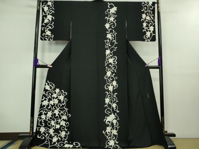 平和屋本店■極上　きもの志麻　岩下志麻ブランド　訪問着　駒刺繍　葡萄唐草文　黒地　金彩　逸品　DZAB0757kh5