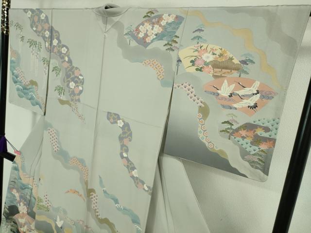 平和屋本店■極上　十日町 加賀草木友禅の第一人者 田村哲彦 訪問着　地紙飛鶴吉祥花文　白梅鼠色地　反端付き　逸品　未使用　DZAB0773kh5