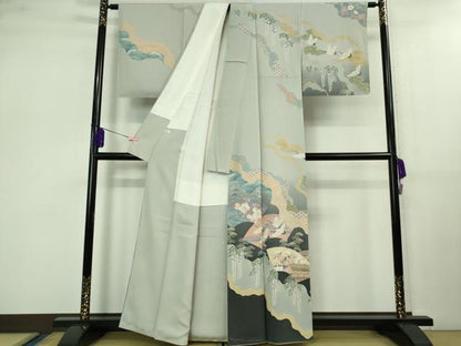 平和屋本店■極上　十日町 加賀草木友禅の第一人者 田村哲彦 訪問着　地紙飛鶴吉祥花文　白梅鼠色地　反端付き　逸品　未使用　DZAB0773kh5