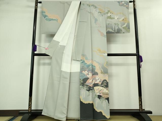 平和屋本店■極上　十日町 加賀草木友禅の第一人者 田村哲彦 訪問着　地紙飛鶴吉祥花文　白梅鼠色地　反端付き　逸品　未使用　DZAB0773kh5