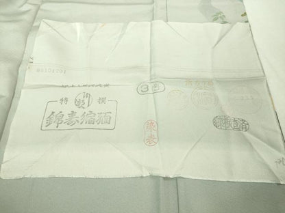 平和屋本店■極上　十日町 加賀草木友禅の第一人者 田村哲彦 訪問着　地紙飛鶴吉祥花文　白梅鼠色地　反端付き　逸品　未使用　DZAB0773kh5