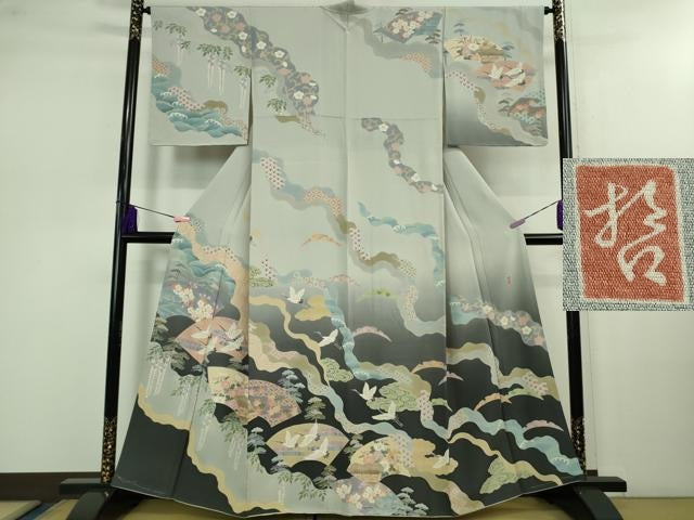 平和屋本店■極上　十日町 加賀草木友禅の第一人者 田村哲彦 訪問着　地紙飛鶴吉祥花文　白梅鼠色地　反端付き　逸品　未使用　DZAB0773kh5