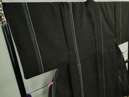 平和屋本店▽極上　男性　訪問着　単衣　紬地　名物裂間道　黒地　逸品　DZAB0813kh5