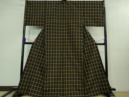 平和屋本店▽極上 黄八丈 黒八丈 紬 単衣 格子 やまと誂製 逸品 DZAB0821kh5