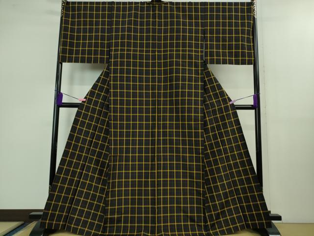 平和屋本店▽極上 黄八丈 黒八丈 紬 単衣 格子 やまと誂製 逸品 DZAB0821kh5