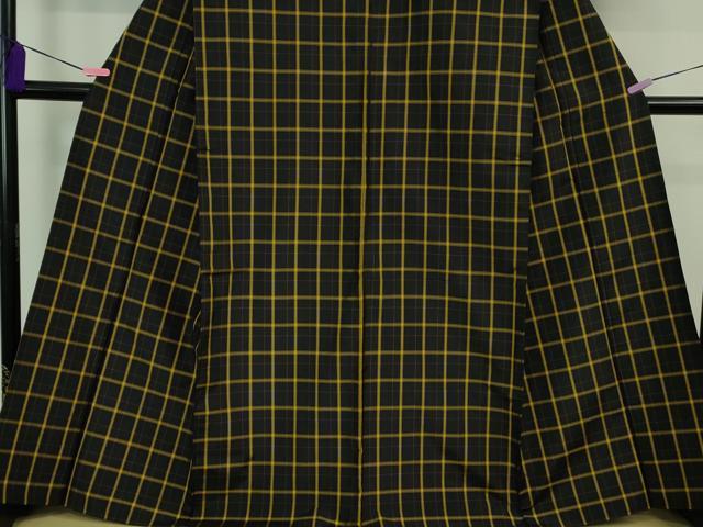 平和屋本店▽極上 黄八丈 黒八丈 紬 単衣 格子 やまと誂製 逸品 DZAB0821kh5