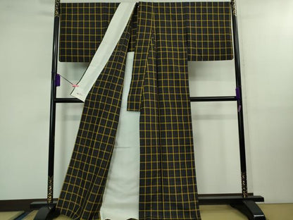 平和屋本店▽極上 黄八丈 黒八丈 紬 単衣 格子 やまと誂製 逸品 DZAB0821kh5