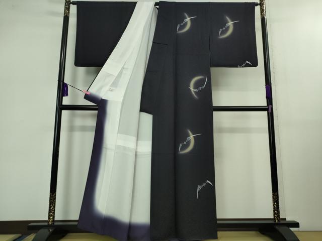 平和屋本店■極上　訪問着　コウモリ　三日月　鉄紺色地　暈し染め　金彩　逸品　DZAB0831kh5
