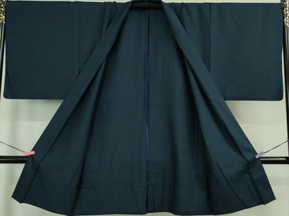 平和屋着物∞極上　男性　長羽織　単衣　お召地　色無地　青藍色　逸品　DZAB0832kh5