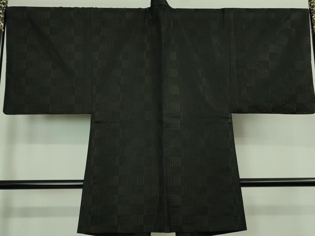 平和屋着物■極上　男性　長羽織　キングサイズ　単衣　お召地　変わり市松　黒地　逸品　DZAB0834kh5